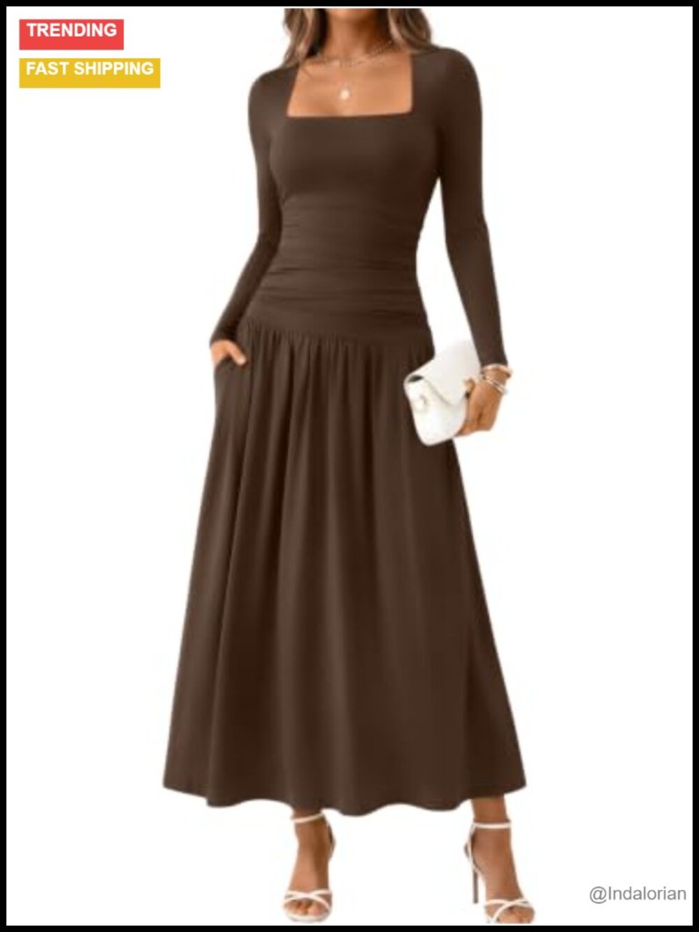 Women's Long Sleeve Maxi Dress Square Neck with Pockets